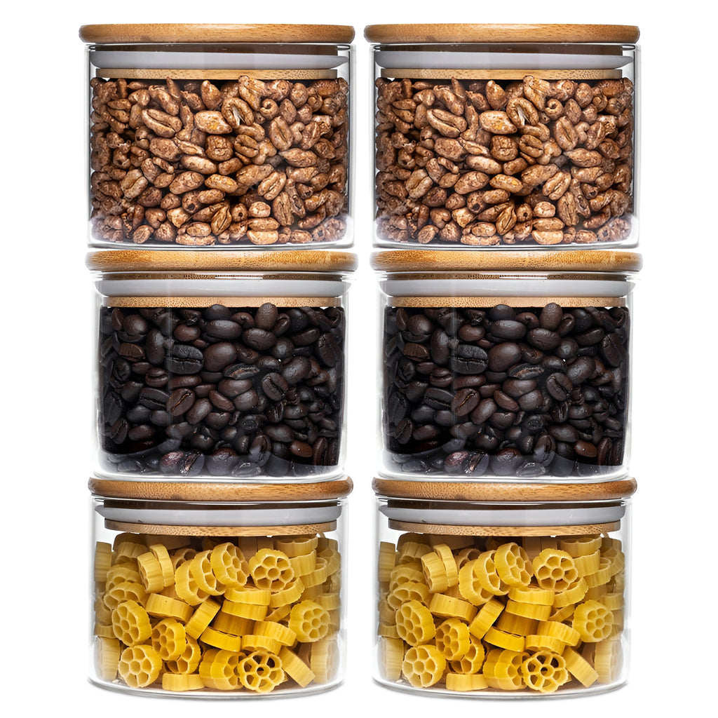 Allo 220ML Kitchen Storage Box Glass Jars With Wooden Lids - Borosilicate Glass Food Storage Containers Airtight Glass Jar For Tea, Coffee, Spice, Pulses, Masala (Round Glass Jar - Set of 6)