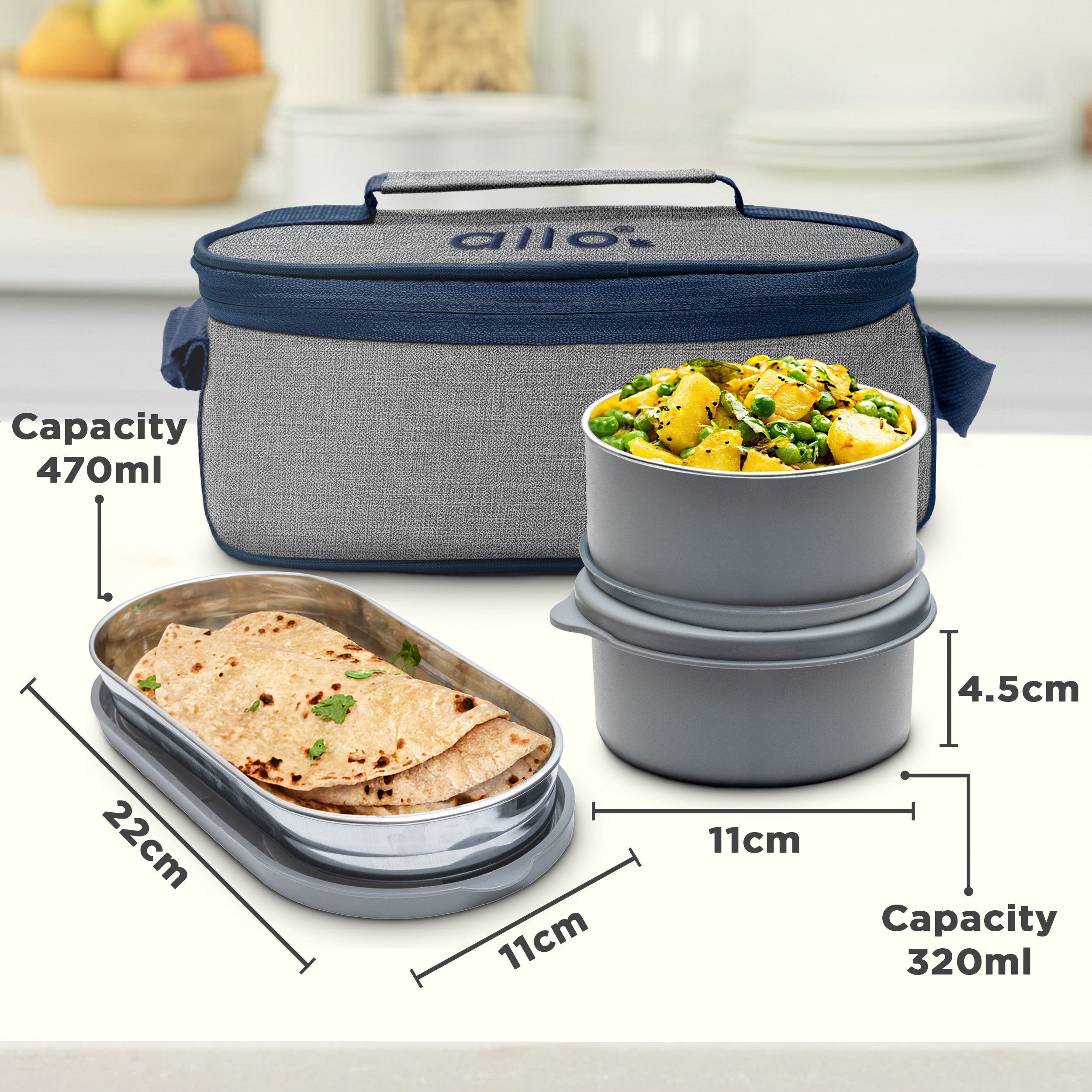 Allo Microwave Safe Steel Lunch Box for Office with Bag for Men and Women, Air Tight & Leak Proof Stainless Steel Tiffin for Office, School, College, Set of 3 with Bag