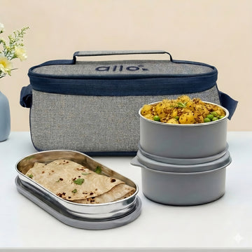 Allo Microwave Safe Steel Lunch Box for Office with Bag for Men and Women, Air Tight & Leak Proof Stainless Steel Tiffin for Office, School, College, Set of 3 with Bag