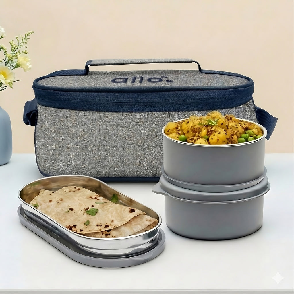 Allo Microwave Safe Steel Lunch Box for Office with Bag for Men and Women, Air Tight & Leak Proof Stainless Steel Tiffin for Office, School, College, Set of 3 with Bag