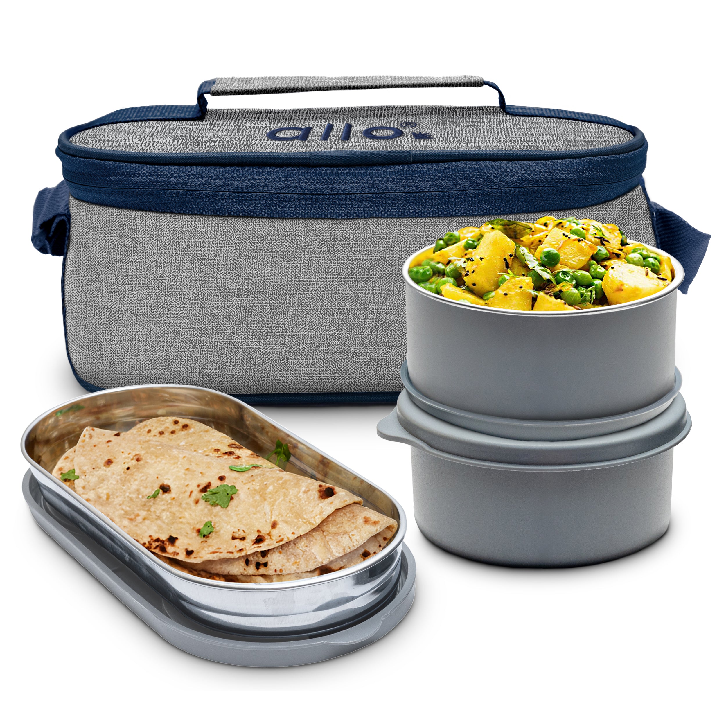 Allo Microwave Safe Steel Lunch Box for Office with Bag for Men and Women, Air Tight & Leak Proof Stainless Steel Tiffin for Office, School, College, Set of 3 with Bag