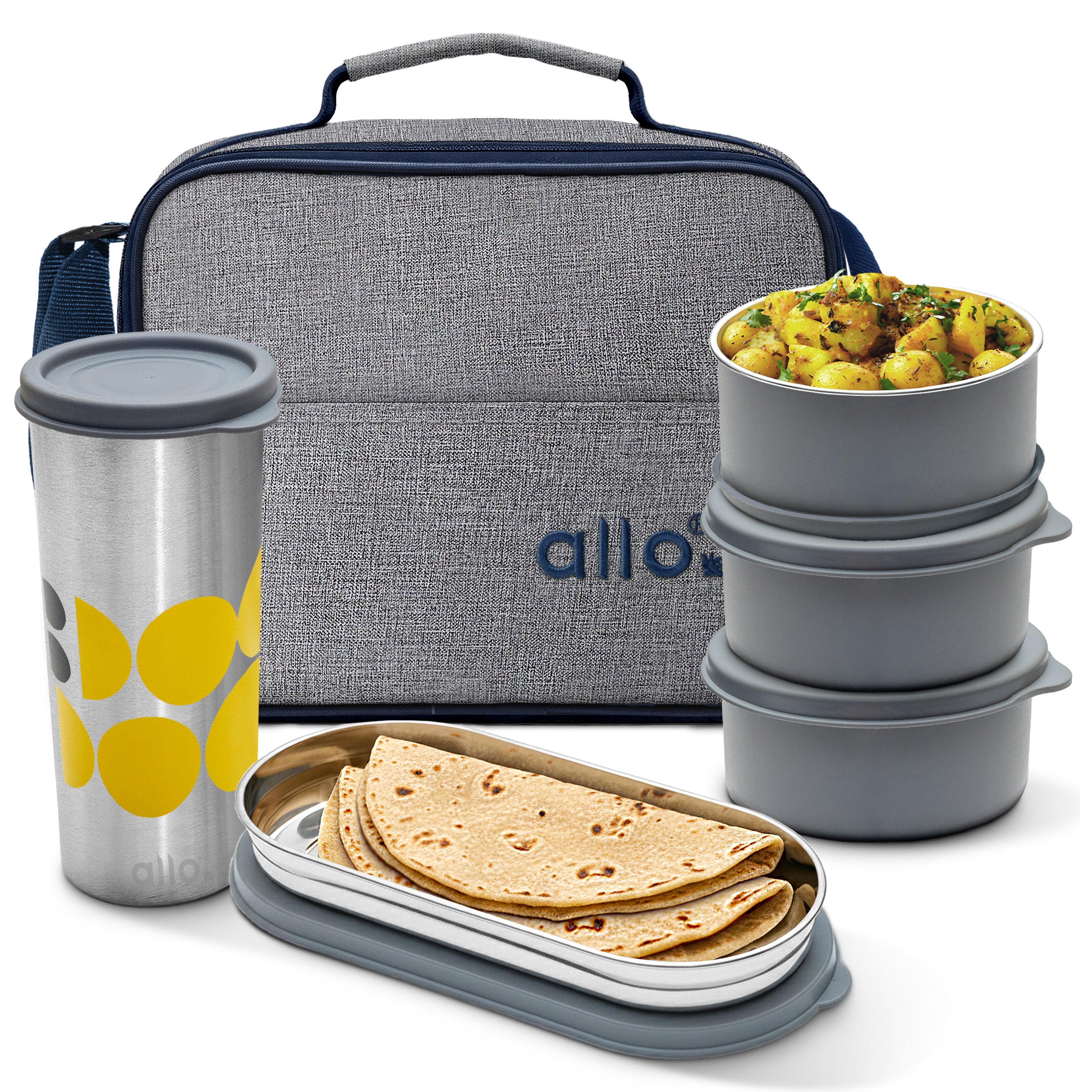 Allo Microwave Safe Steel Lunch Box for Office with Bag for Men and Women, Air Tight & Leak Proof Stainless Steel Tiffin for Office, School, College, Set of 5 with Bag
