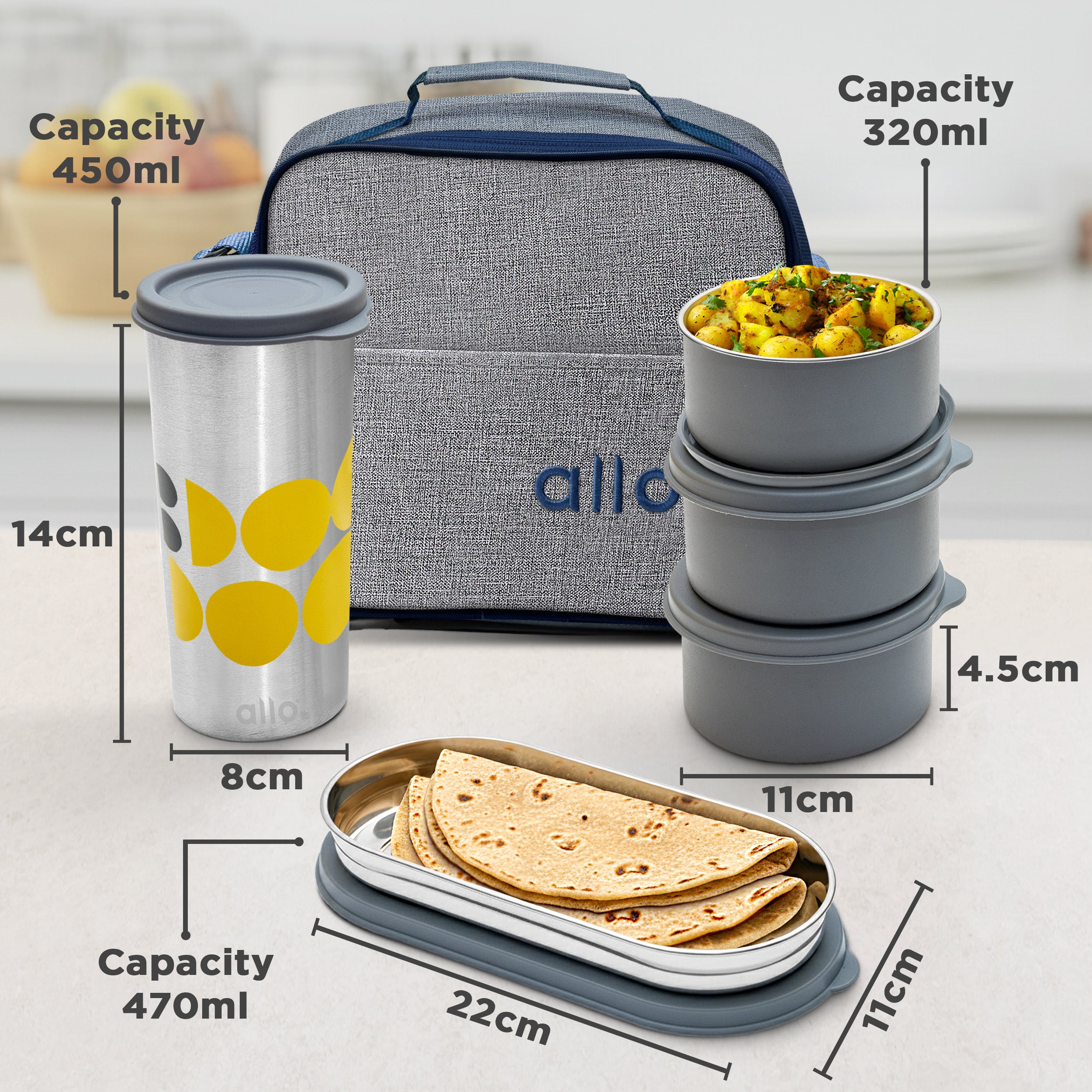 Allo Microwave Safe Steel Lunch Box for Office with Bag for Men and Women, Air Tight & Leak Proof Stainless Steel Tiffin for Office, School, College, Set of 5 with Bag
