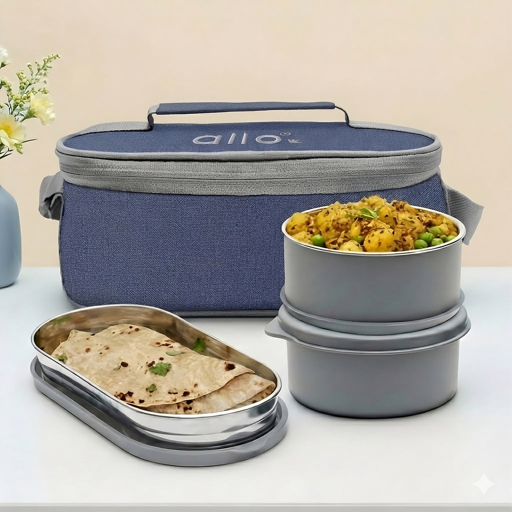 Allo Microwave Safe Steel Lunch Box for Office with Bag for Men and Women, Air Tight & Leak Proof Stainless Steel Tiffin for Office, School, College, Set of 3 with Bag