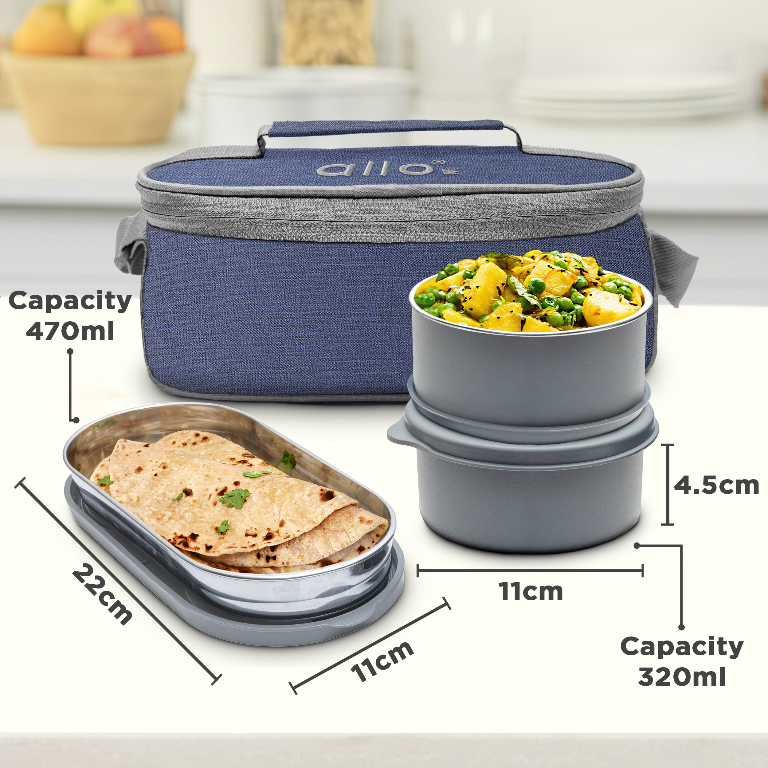 Allo Microwave Safe Steel Lunch Box for Office with Bag for Men and Women, Air Tight & Leak Proof Stainless Steel Tiffin for Office, School, College, Set of 3 with Bag