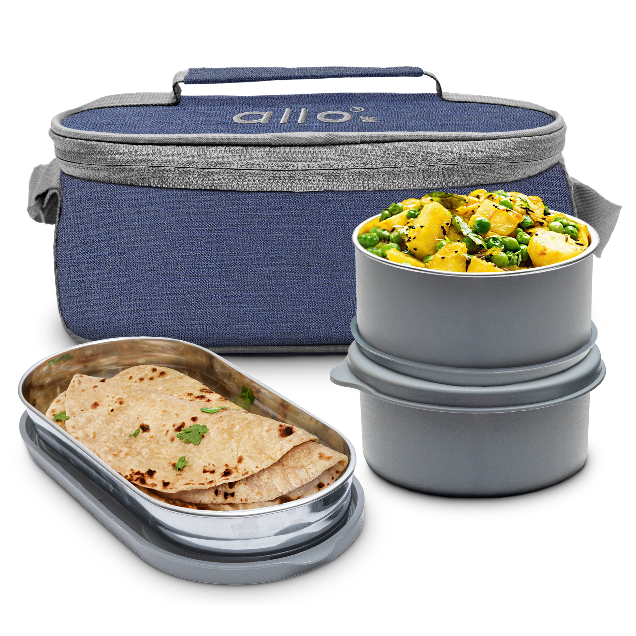 Allo Microwave Safe Steel Lunch Box for Office with Bag for Men and Women, Air Tight & Leak Proof Stainless Steel Tiffin for Office, School, College, Set of 3 with Bag