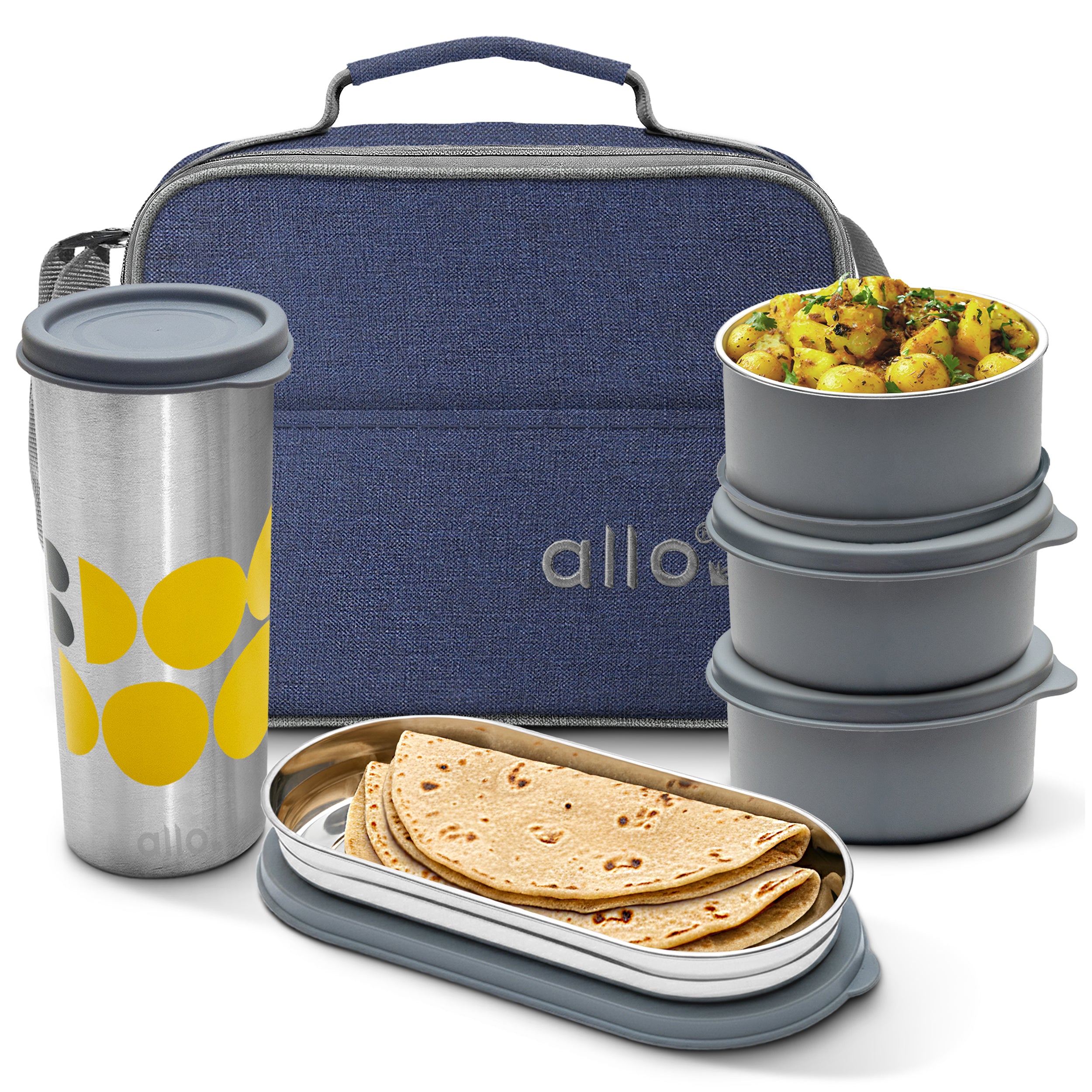 Allo Microwave Safe Steel Lunch Box for Office with Bag for Men and Women, Air Tight & Leak Proof Stainless Steel Tiffin for Office, School, College, Set of 5 with Bag