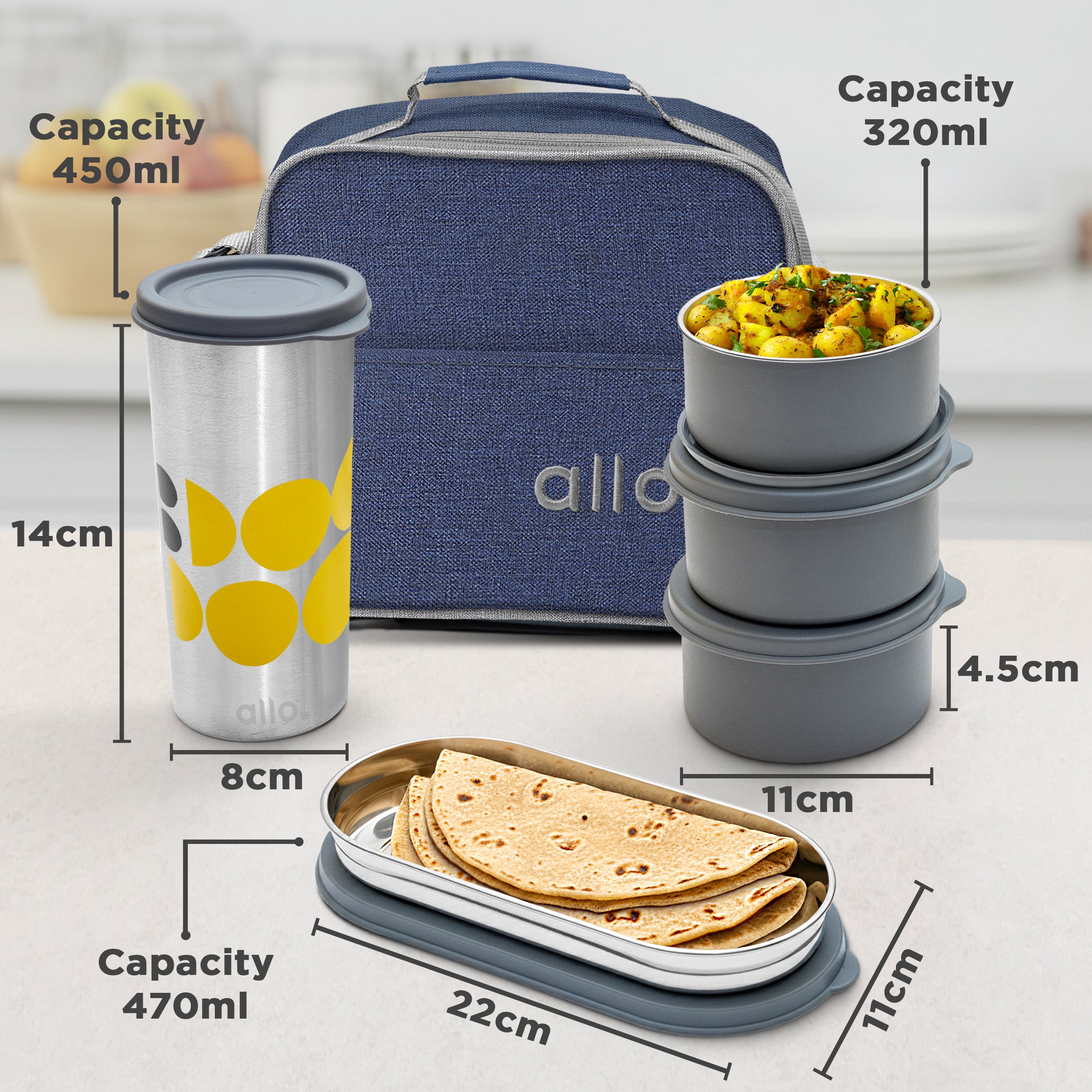 Allo Microwave Safe Steel Lunch Box for Office with Bag for Men and Women, Air Tight & Leak Proof Stainless Steel Tiffin for Office, School, College, Set of 5 with Bag