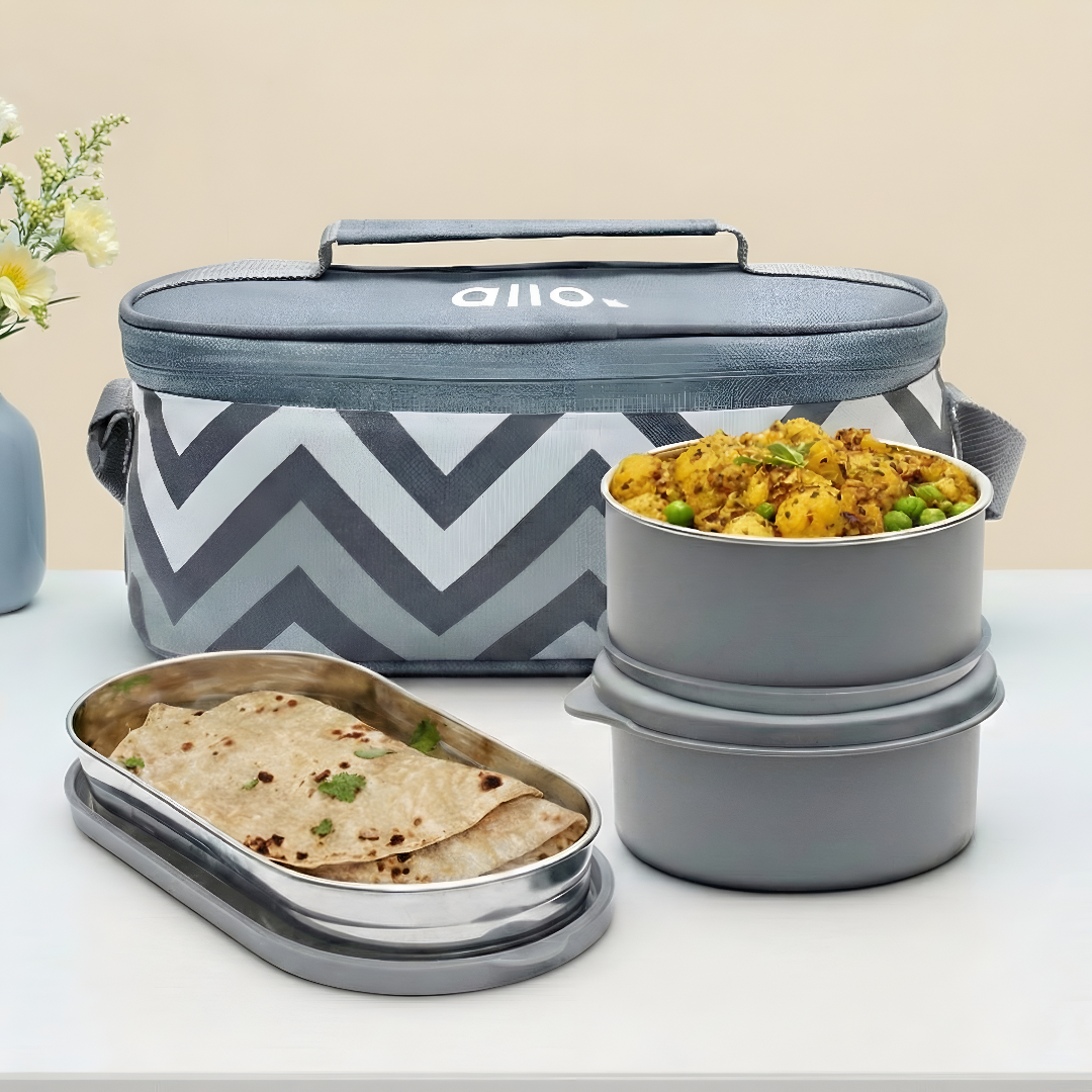 Allo Stainless Steel Lunch Box for Office with Bag, Microwave Safe AirTight & Leak Proof Tiffin for Office, School, College, Set of 3(Lunch Box 300ml x2, 1 Chappati Box 470ml x1) with Chevron Grey Bag