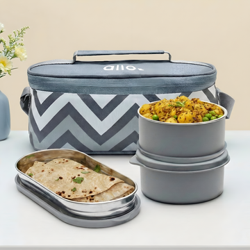 Allo Stainless Steel Lunch Box for Office with Bag, Microwave Safe AirTight & Leak Proof Tiffin for Office, School, College, Set of 3(Lunch Box 300ml x2, 1 Chappati Box 470ml x1) with Chevron Grey Bag