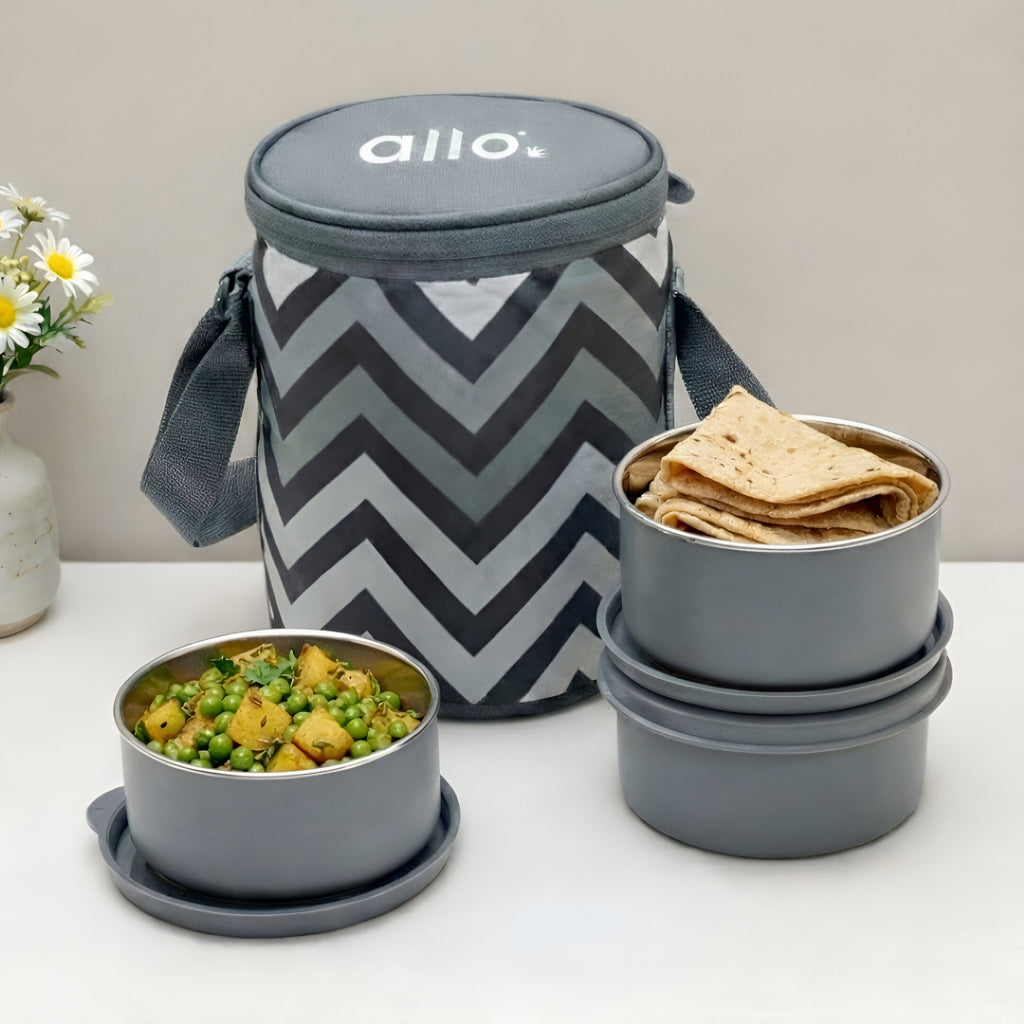 Allo Stainless Steel Lunch Box for Office with Bag , Microwave Safe AirTight & Leak Proof Tiffin for Office, School, College, Set of 3 (300ml x 3) with Chevron Grey Bag