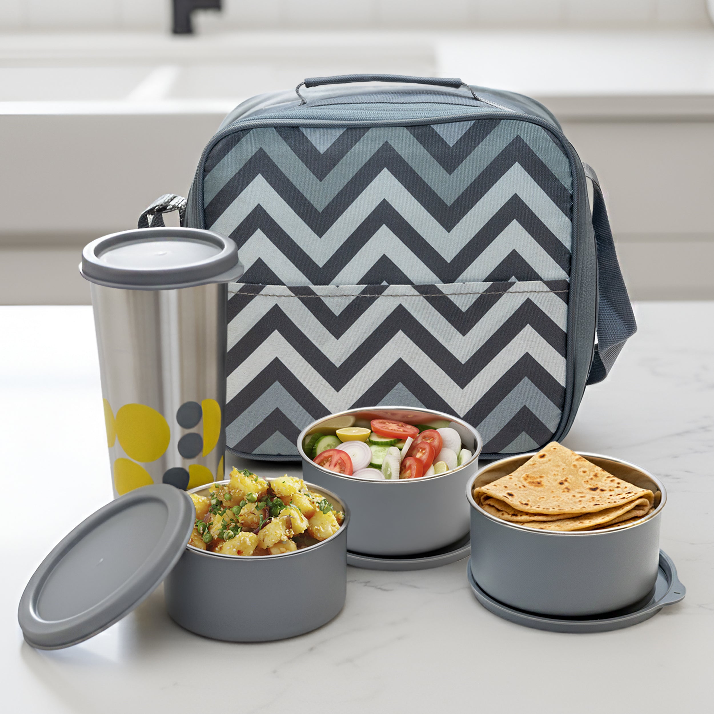 Allo Stainless Steel Lunch Box for Office with Bag, Microwave Safe AirTight & Leak Proof Tiffin for Office, School, College , Set of 3 with Chevron Grey Bag And Steel Tumbler