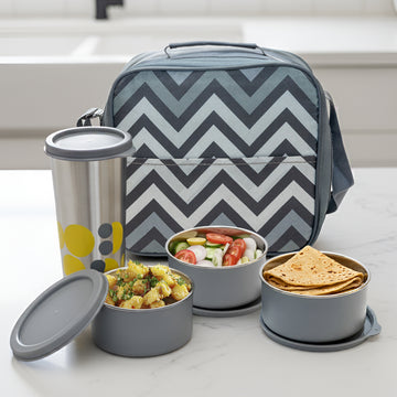 Allo Stainless Steel Lunch Box for Office with Bag, Microwave Safe AirTight & Leak Proof Tiffin for Office, School, College , Set of 3 with Chevron Grey Bag And Steel Tumbler