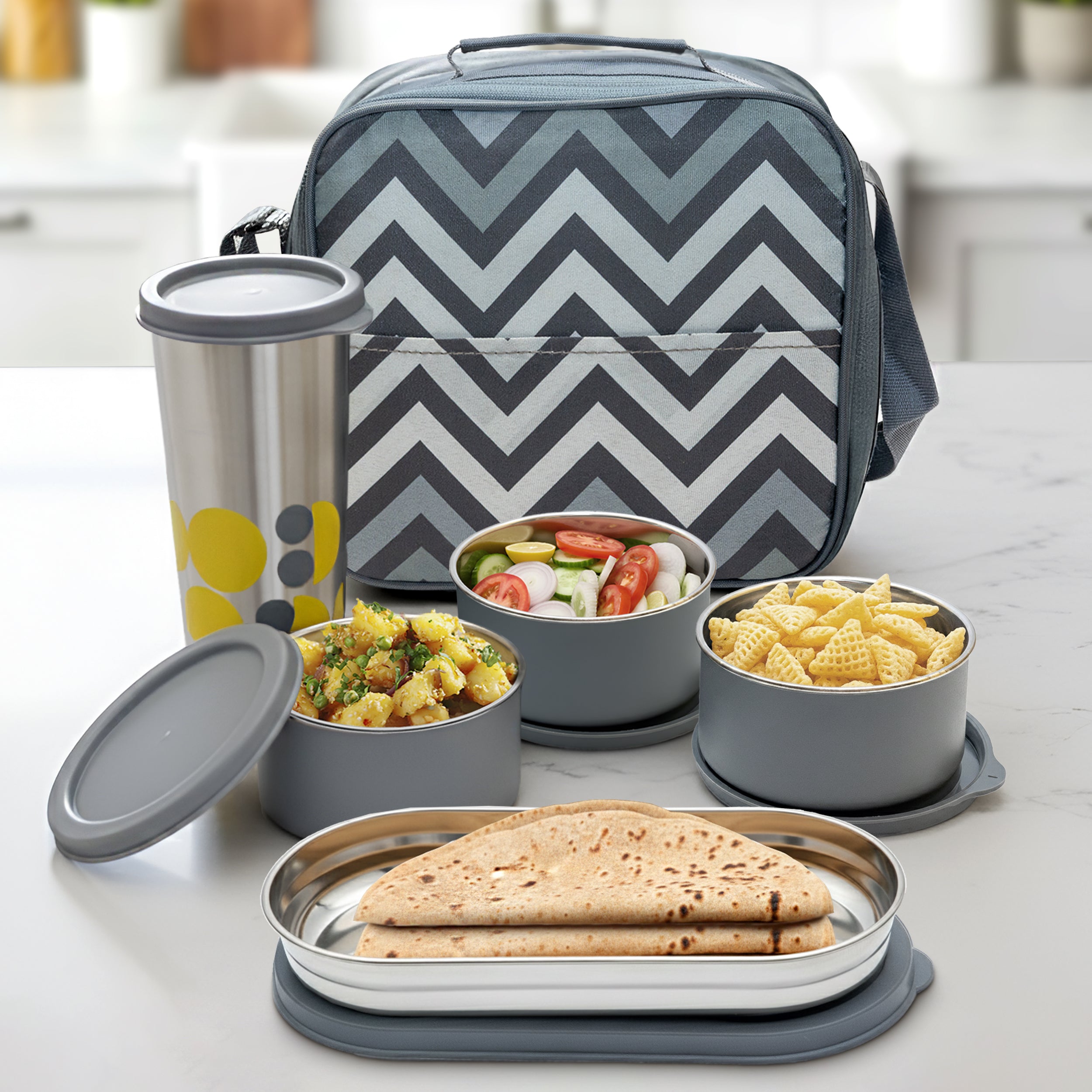Allo Stainless Steel Lunch Box for Office with Bag , Microwave Safe AirTight & Leak Proof Tiffin for Office, School,  College, Set of 4 (Lunch Box 300ml x 3, 400ml x 1, 450 x 1)  with Chevron Grey Bag