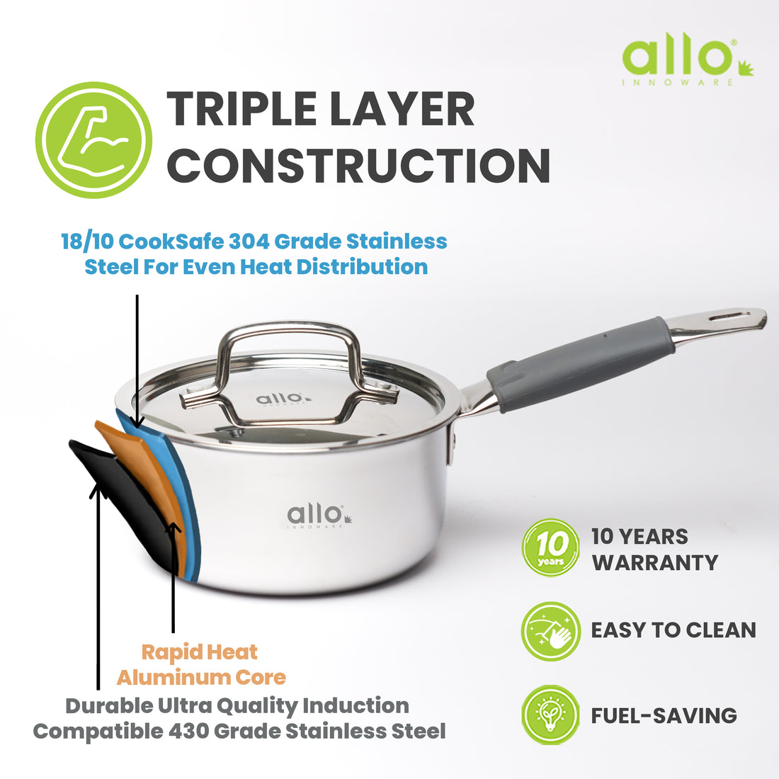 1.5L Allo CookSafe TriPly Sauce pan | Stainless Steel | With Stainless Steel Lid | Induction Friendly | Naturally Non-stick | 16cm