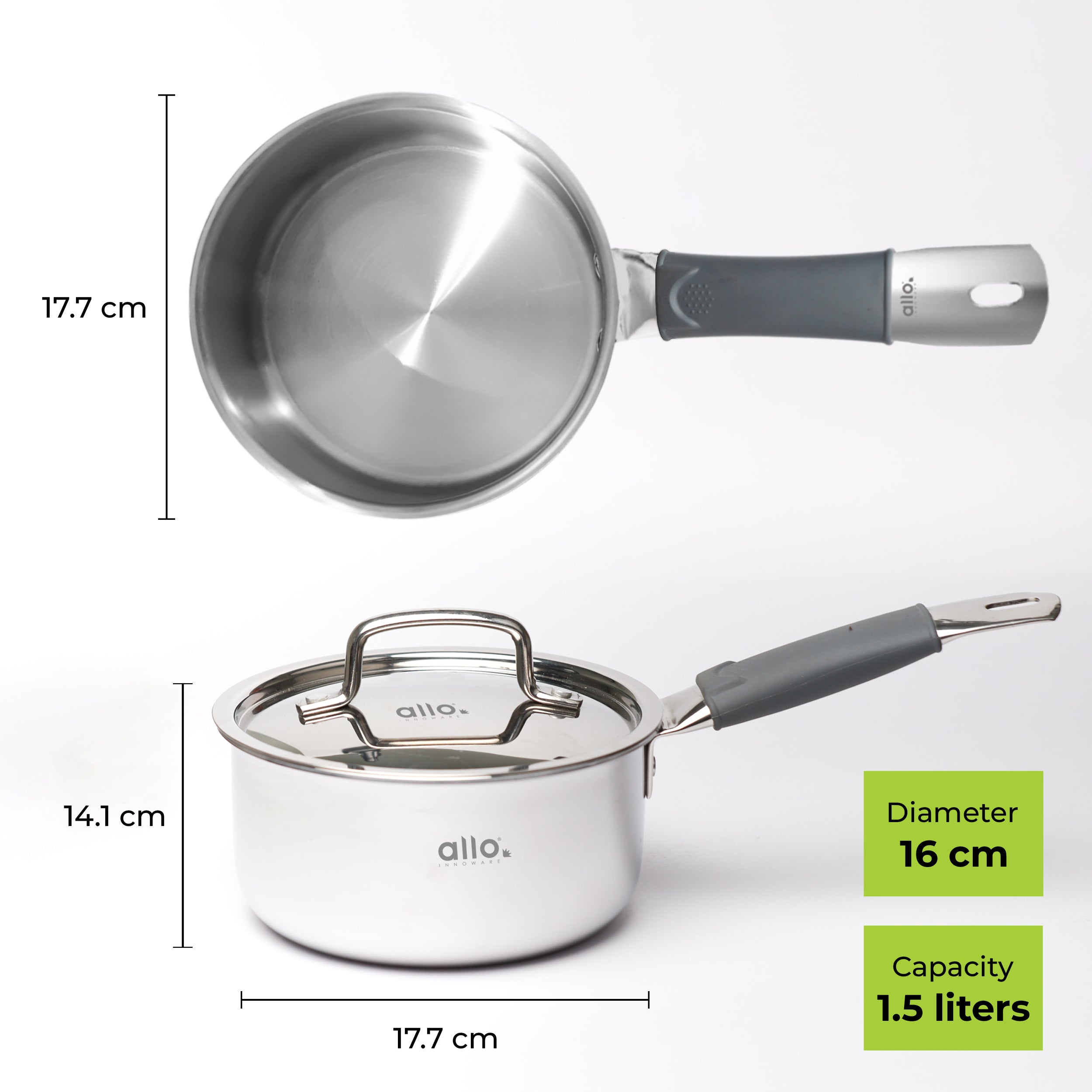 1L Allo CookSafe TriPly Sauce pan | Stainless Steel | With Stainless Steel Lid | Induction Friendly | Naturally Non-stick | 14cm