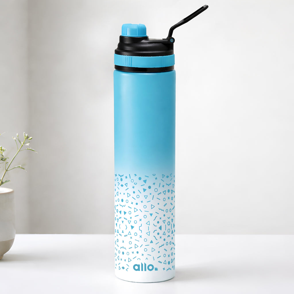 Allo Steel Water Bottles Stainless Steel Sipper Water Bottle for adults, kids 1 Litre Water Bottles for School, Office, Sports, Gym 1L Water Bottle for Men and women, Blue White 800ml