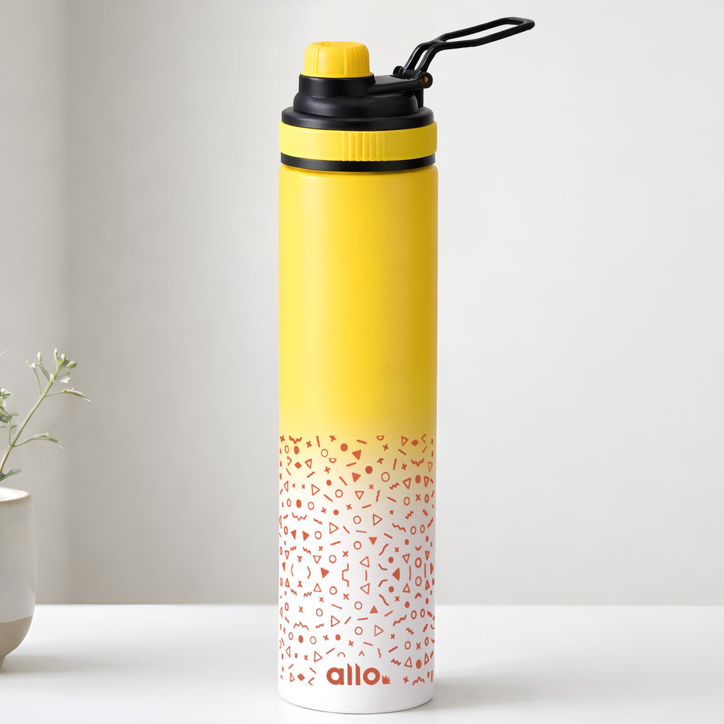 Allo Steel Water Bottles Stainless Steel Sipper Water Bottle for adults, kids 1 Litre Water Bottles for School, Office, Sports, Gym 1L Water Bottle for Men and women, Yellow White 800ml