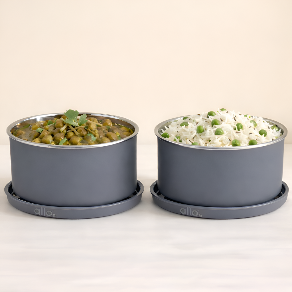 Allo Microwave Safe Stainless Steel Container, AirTight tiffin & Leak Proof Lunch Boxes Storage Containers with Lids for Kitchen, Office, School, set of 2, Grey