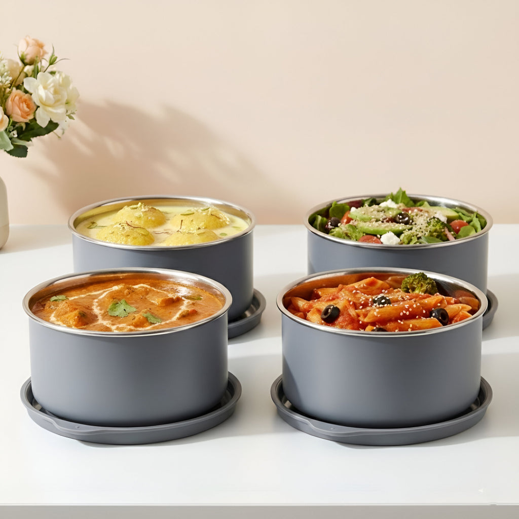 Allo Microwave Safe Stainless Steel Container , AirTight tiffin & Leak Proof Lunch Boxes Storage Containers with Lids for Kitchen , Office , School , set of 4, Grey