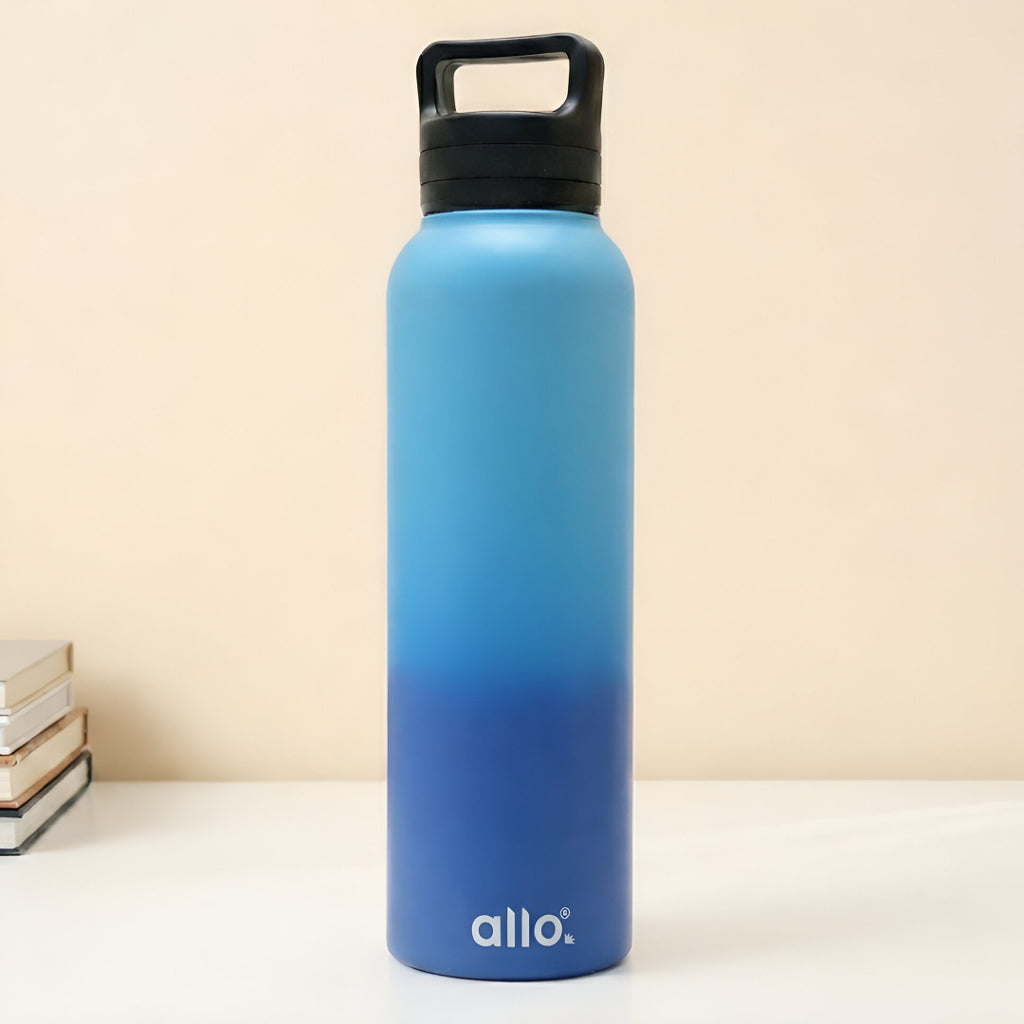 Allo Steel Water Bottles Stainless Steel Sipper Water Bottle for adults, kids 1 Litre Water Bottles for School, Office, Sports, Gym 1L Water Bottle for Men and women, Light & Dark Blue 1000ml