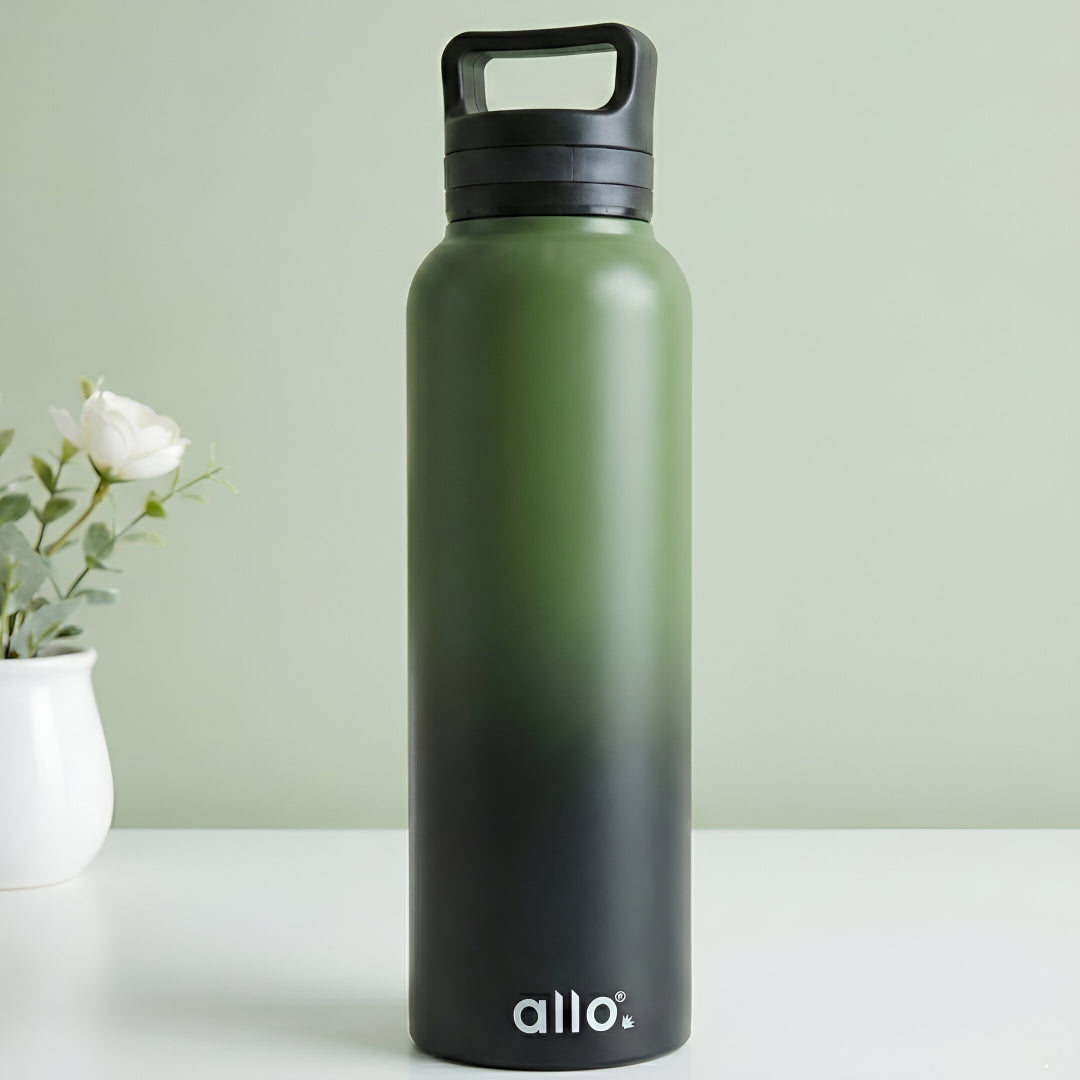 Allo Steel Water Bottles Stainless Steel Sipper Water Bottle for adults, kids 0.95 Litre Water Bottles for School, Office, Sports, Gym 950ML Water Bottle for Men and women, Olive green & Black 950ml