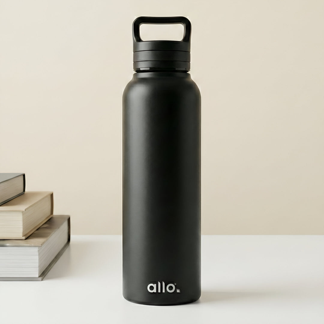 Allo Steel Water Bottles Stainless Steel Sipper Water Bottle for adults, kids 0.95 Litre Water Bottles for School, Office, Sports, Gym 950ML Water Bottle for Men and women, Black 950ml