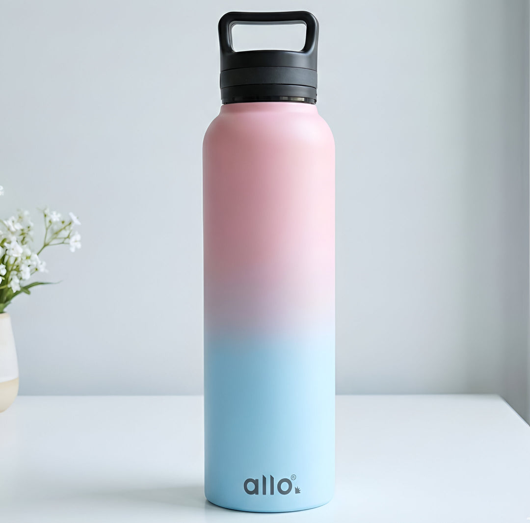 Allo Steel Water Bottles Stainless Steel Sipper Water Bottle for adults, kids 0.95 Litre Water Bottles for School, Office, Sports, Gym 950ML Water Bottle for Men and women, Pink & Baby Blue 950ml