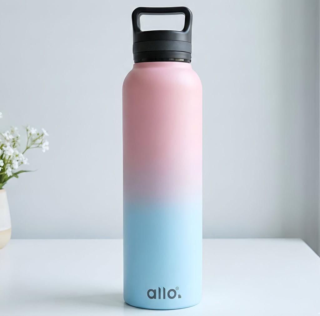 Allo Steel Water Bottles Stainless Steel Sipper Water Bottle for adults, kids 1 Litre Water Bottles for School, Office, Sports, Gym 1L Water Bottle for Men and women, Pink & Baby Blue 1000ml