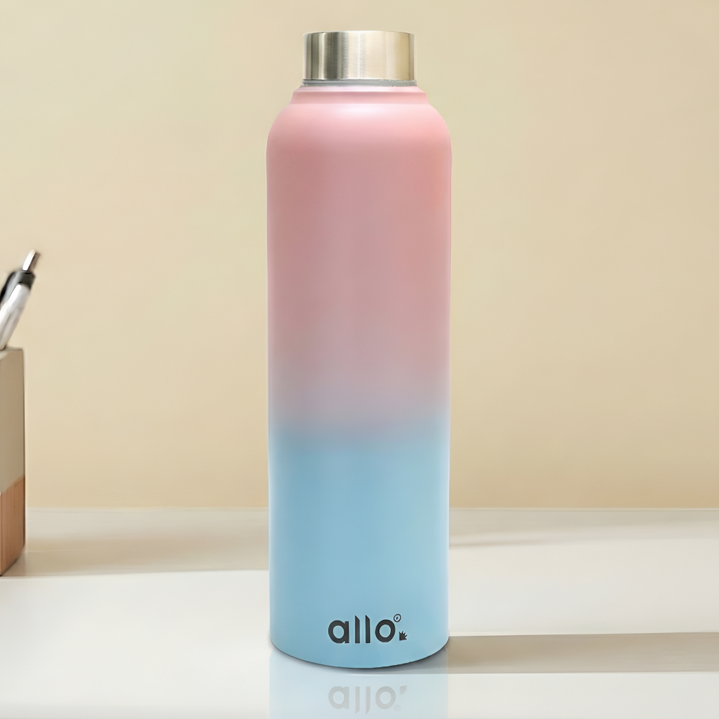 Allo Steel Water Bottles Stainless Steel Sipper Water Bottle for adults, kids 1 Litre Water Bottles for School, Office, Sports, Gym 1L Water Bottle for Men and women, Pink & Baby Blue 1000ml