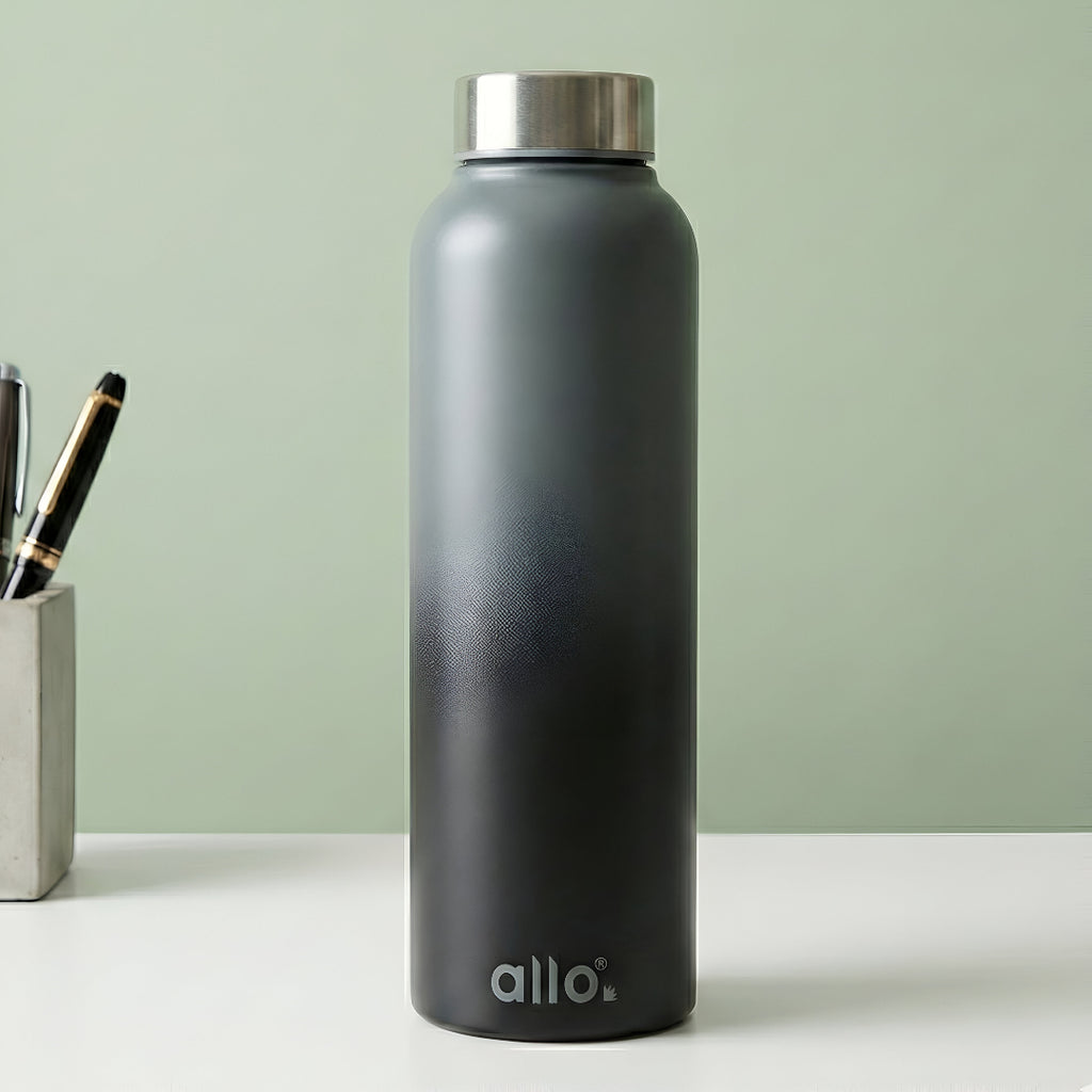 Allo Steel Water Bottles Stainless Steel Sipper Water Bottle for adults, kids 1 Litre Water Bottles for School, Office, Sports, Gym 1L Water Bottle for Men and women, Dark Grey & Black 1000ml