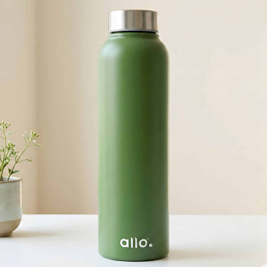 Allo Steel Water Bottles Stainless Steel Sipper Water Bottle for adults, kids 1 Litre Water Bottles for School, Office, Sports, Gym 1L Water Bottle for Men and women, Olive green 1000ml