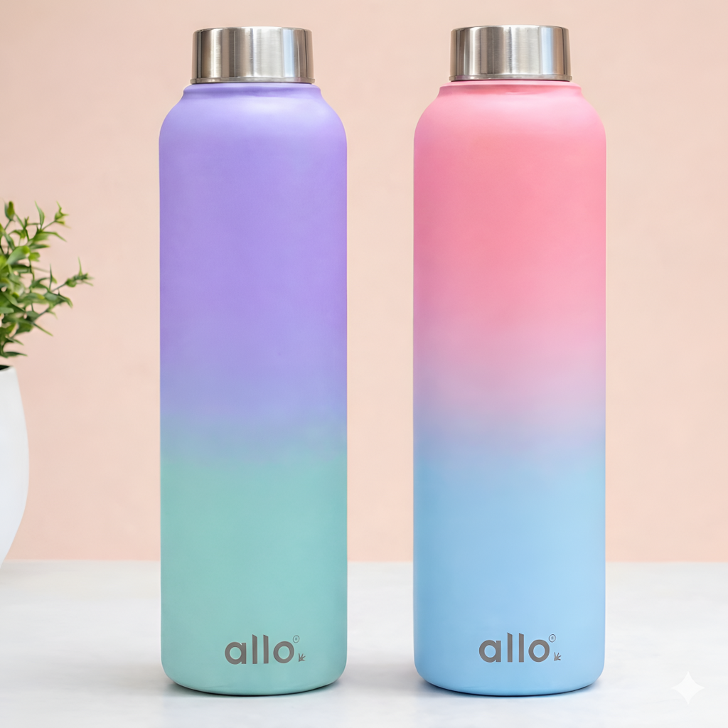 Allo Stainless Steel Water Bottle For Adults, Kids 1 Litre Water Bottles For School, Office, Sports, Gym 1L Water Bottle For Men And Women, Pack Of 2 | Leak Proof, Bpa Free, Pink & Baby Blue Steel Cap