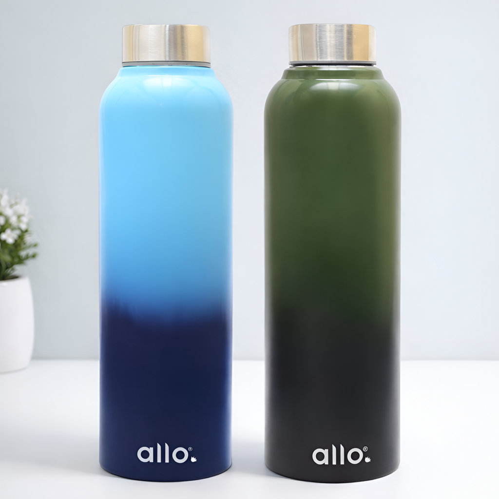 Allo Stainless Steel Water Bottle For Adults, Kids 1 Litre Water Bottles For School, Office, Sports, Gym 1L Water Bottle For Men And Women, Pack Of 2| Leak Proof, Bpa Free, Light & Dark Blue Steel Cap
