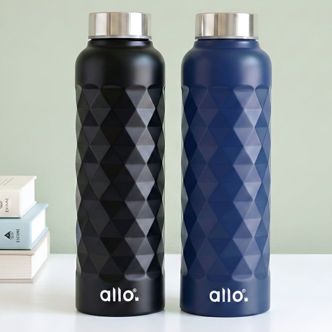 Allo Stainless Steel Water Bottle For Adults, Kids 0.95 Litre Water Bottles For School, Office, Sports, Gym 950ML Water Bottle For Men And Women, Pack Of 2|Leak Proof, Bpa Free,Blue &Black Diamond Plain Cap