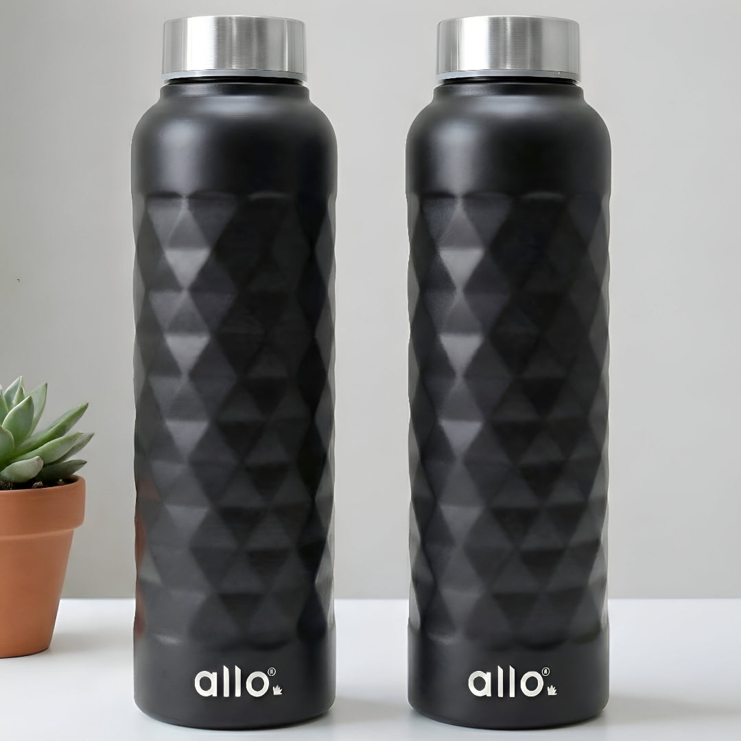 Allo Stainless Steel Water Bottle For Adults, Kids 0.95 Litre Water Bottles For School, Office, Sports, Gym 950ML Water Bottle For Men And Women, Pack Of 2 | Leak Proof & Bpa Free, Black Diamond Steel Cap