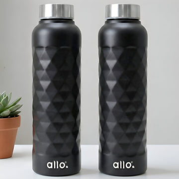 Allo Stainless Steel Water Bottle For Adults, Kids 0.95 Litre Water Bottles For School, Office, Sports, Gym 950ML Water Bottle For Men And Women, Pack Of 2 | Leak Proof & Bpa Free, Black Diamond Steel Cap