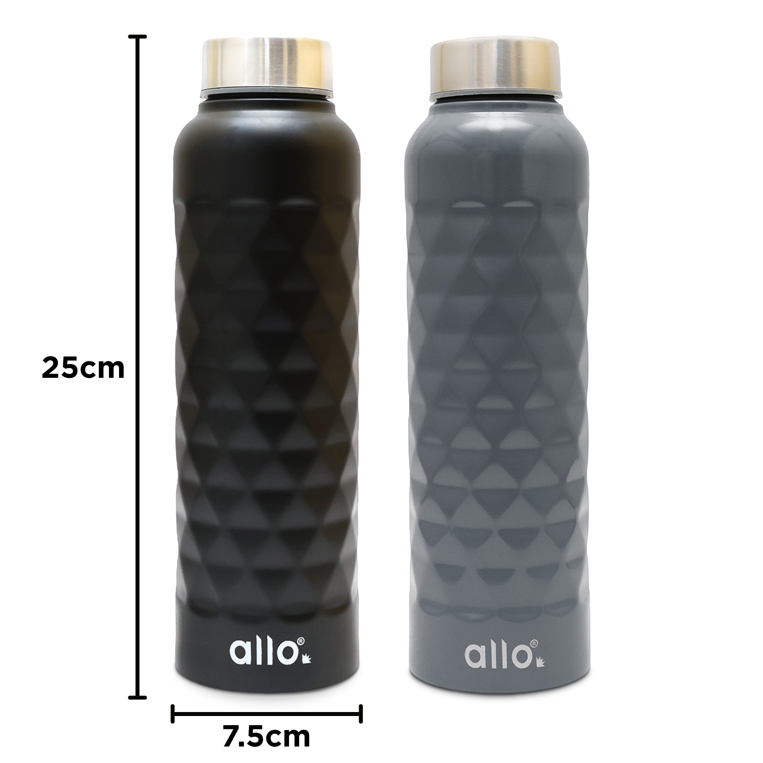 Allo Stainless Steel Water Bottle For Adults, Kids 0.95 Litre Water Bottles For School, Office, Sports, Gym 950ML Water Bottle For Men And Women, Pack Of 2| Leak Proof, Bpa Free, Black & Dark Grey Diamond