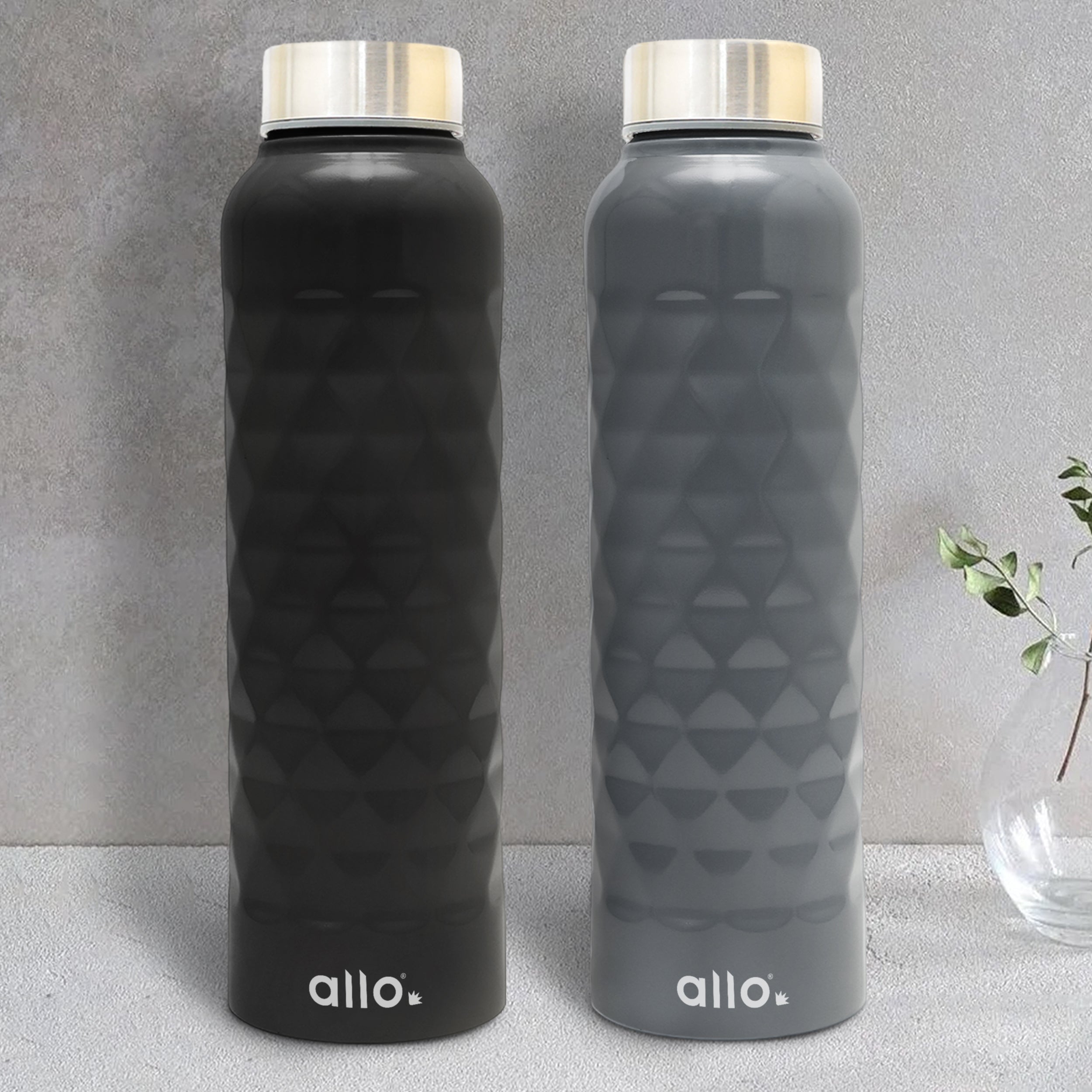 Allo Stainless Steel Water Bottle For Adults, Kids 0.95 Litre Water Bottles For School, Office, Sports, Gym 950ML Water Bottle For Men And Women, Pack Of 2| Leak Proof, Bpa Free, Black & Dark Grey Diamond