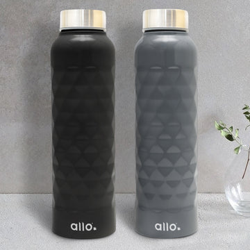 Allo Stainless Steel Water Bottle For Adults, Kids 0.95 Litre Water Bottles For School, Office, Sports, Gym 950ML Water Bottle For Men And Women, Pack Of 2| Leak Proof, Bpa Free, Black & Dark Grey Diamond