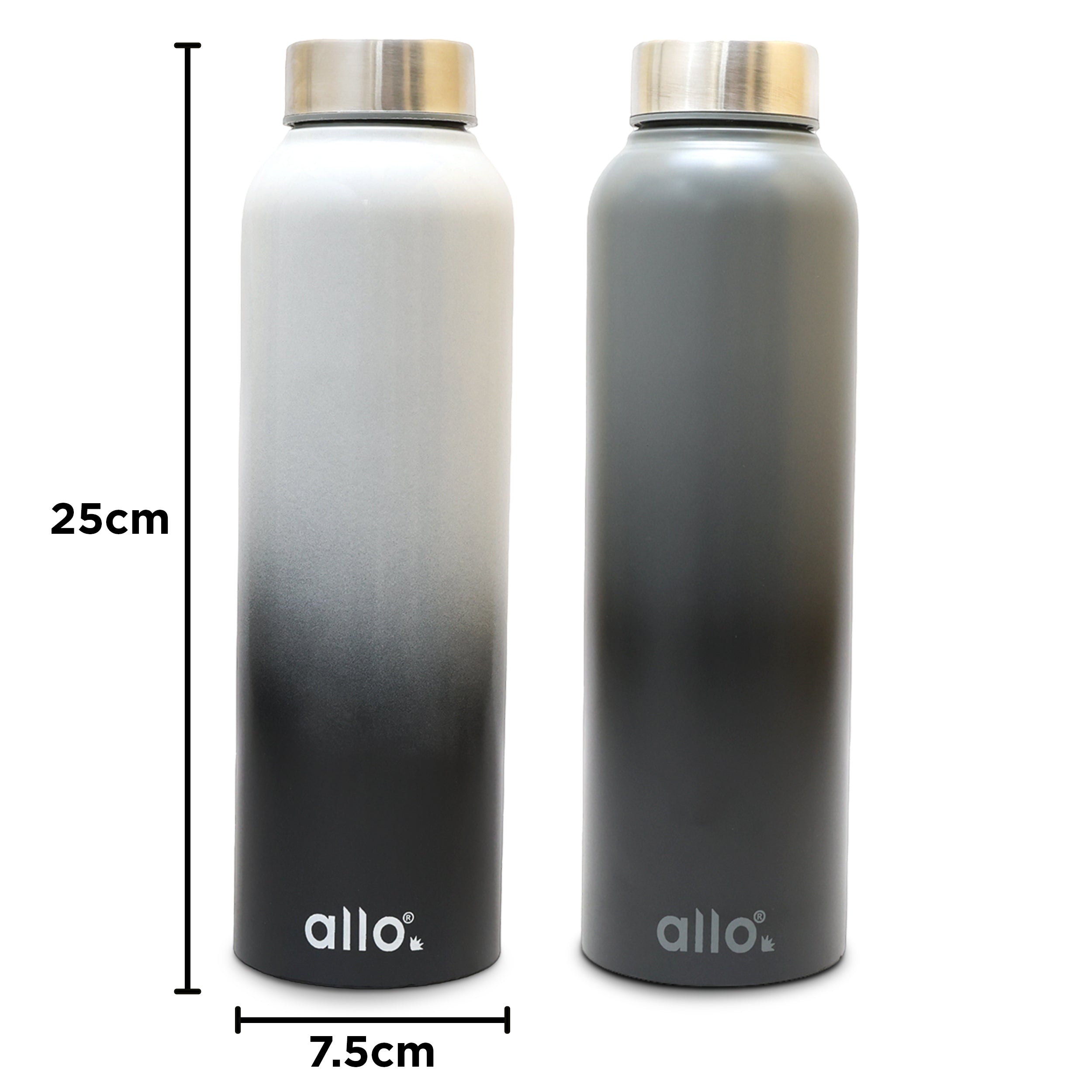 Allo Stainless Steel Water Bottle For Adults, Kids 0.95 Litre Water Bottles For School, Office, Sports, Gym 950ML Water Bottle For Men And Women, Pack Of 2| Leak Proof, Bpa Free, Dark Grey & White Black