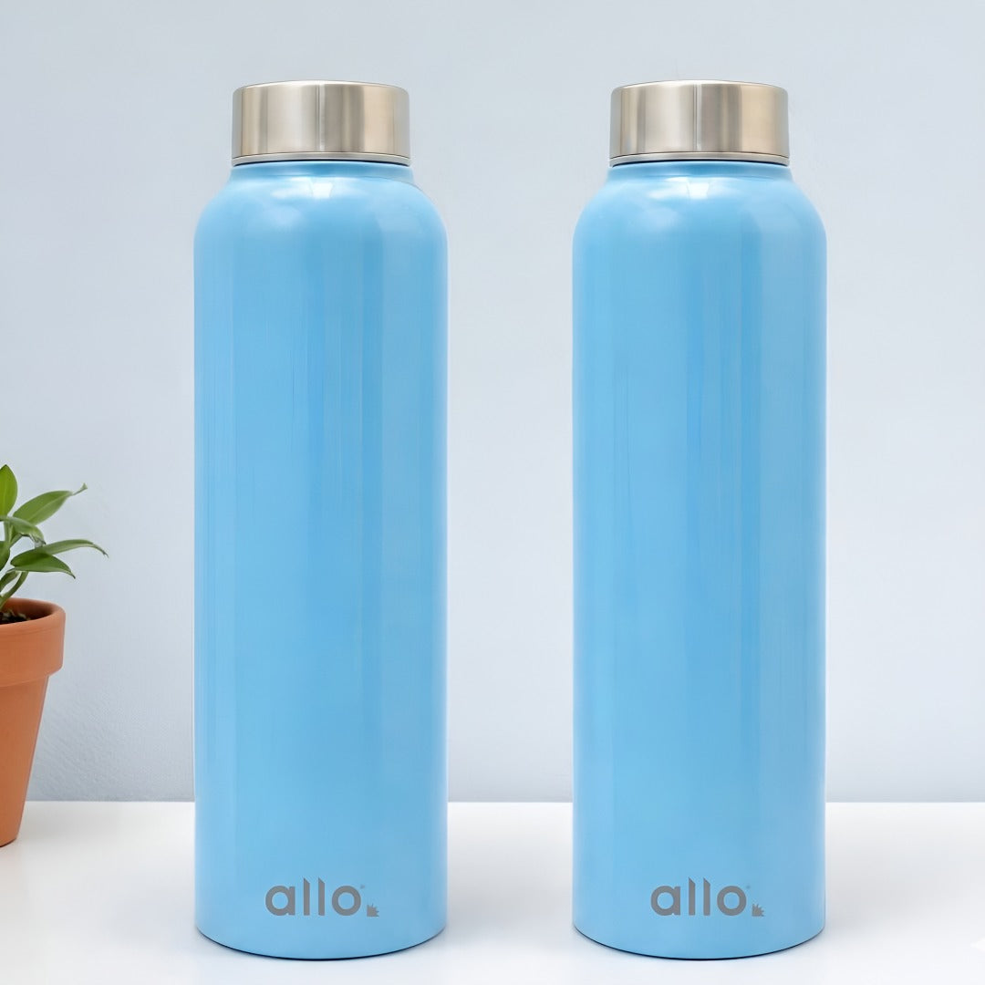 Allo Stainless Steel Water Bottle For Adults, Kids 0.95 Litre Water Bottles For School, Office, Sports, Gym 950ML Water Bottle For Men And Women, Pack Of 2 | Leak Proof & Bpa Free, True Blue Steel Cap