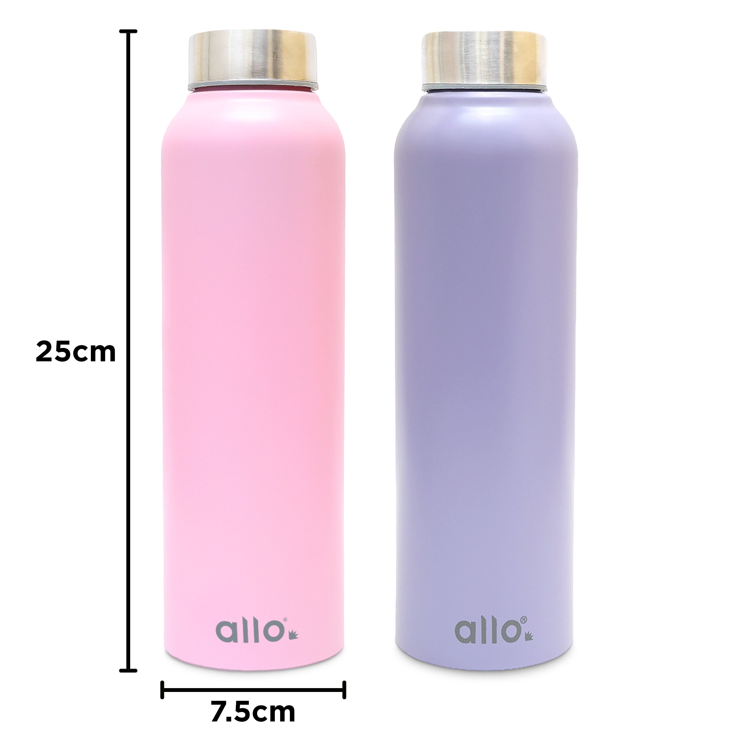Allo Stainless Steel Water Bottle For Adults, Kids 0.95 Litre Water Bottles For School, Office, Sports, Gym 950ML Water Bottle For Men And Women, Pack Of 2| Leak Proof, Bpa Free, Lavender & Pink Steel Cap