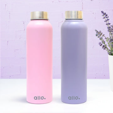 Allo Stainless Steel Water Bottle For Adults, Kids 0.95 Litre Water Bottles For School, Office, Sports, Gym 950ML Water Bottle For Men And Women, Pack Of 2| Leak Proof, Bpa Free, Lavender & Pink Steel Cap