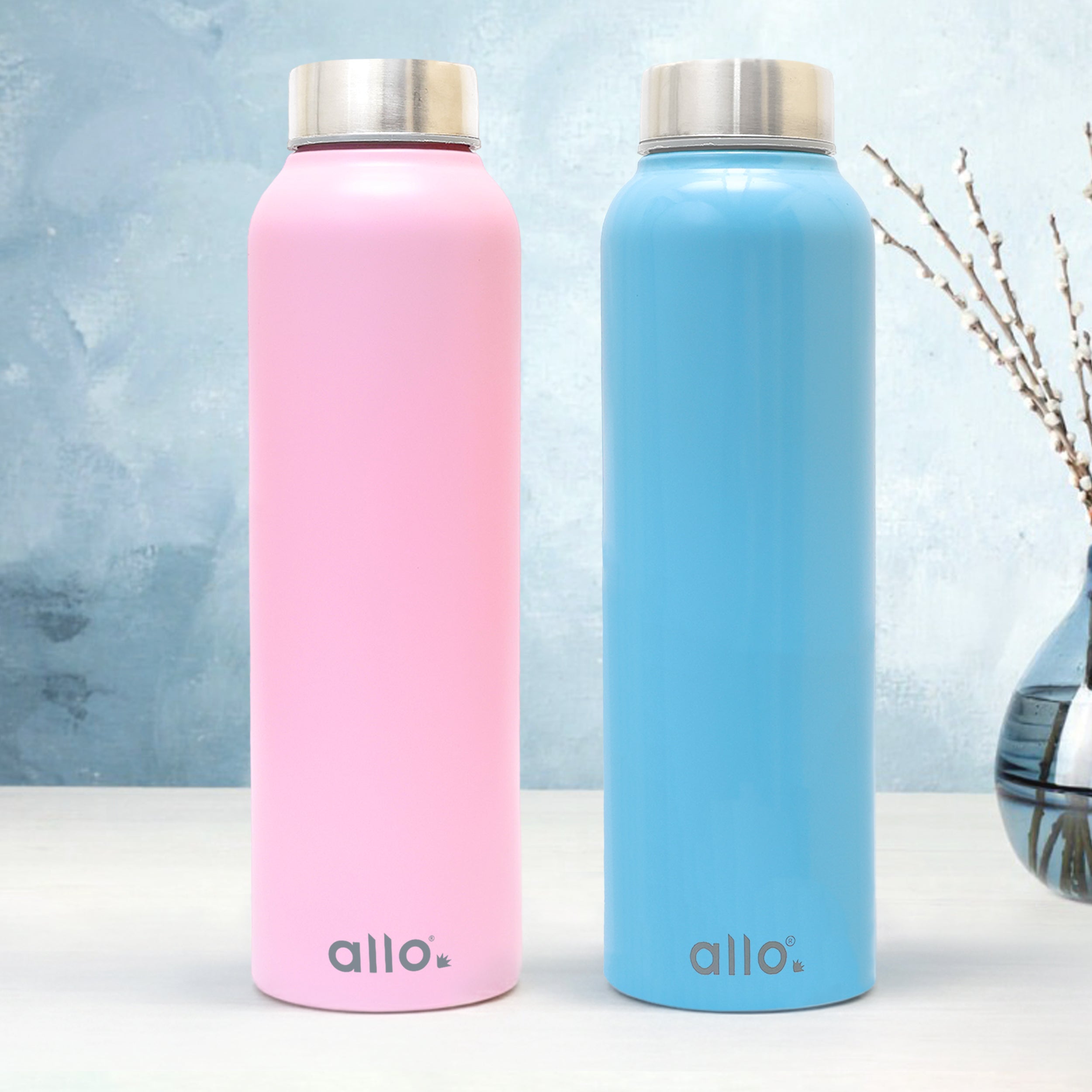 Allo Stainless Steel Water Bottle For Adults, Kids 0.95 Litre Water Bottles For School, Office, Sports, Gym 950ML Water Bottle For Men And Women, Pack Of 2| Leak Proof, Bpa Free, Pink & True Blue