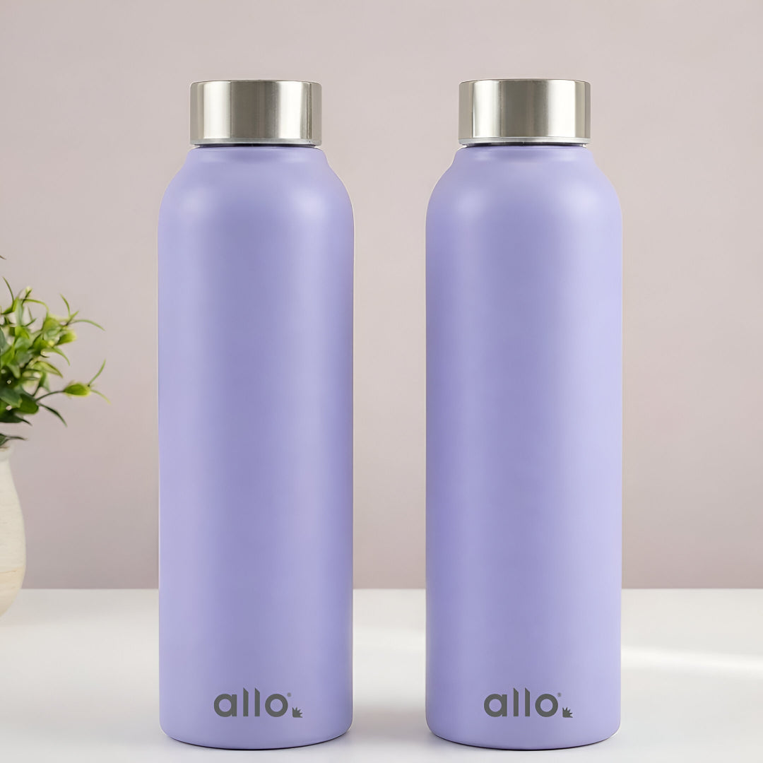 Allo Stainless Steel Water Bottle For Adults, Kids 0.95 Litre Water Bottles For School, Office, Sports, Gym 950ML Water Bottle For Men And Women, Pack Of 2 | Leak Proof & Bpa Free, Lavender Steel Cap