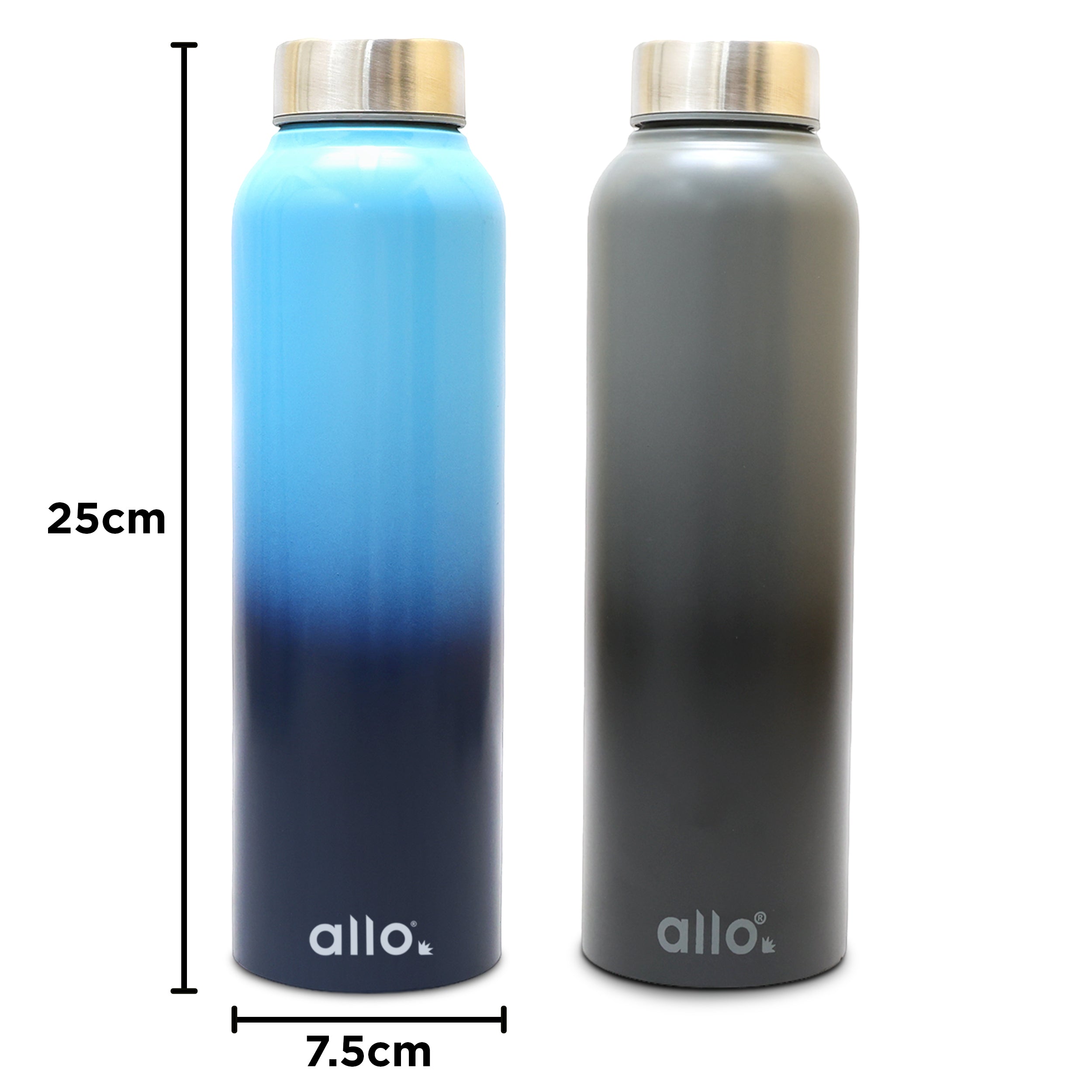 Allo Stainless Steel Water Bottle For Adults, Kids 0.95 Litre Water Bottles For School, Office, Sports, Gym 950ML Water Bottle For Men And Women, Pack Of 2| Leak Proof, Bpa Free, Light Blue & Dark Grey