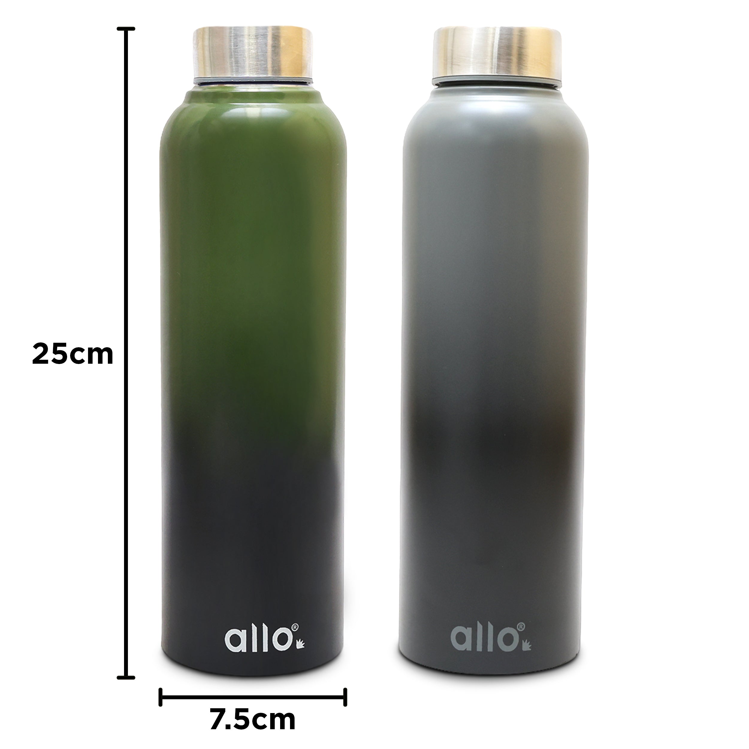 Allo Stainless Steel Water Bottle For Adults, Kids 0.95 Litre Water Bottles For School, Office, Sports, Gym 950ML Water Bottle For Men And Women, Pack Of 2| Leak Proof, Bpa Free, Olive Green & Dark Grey