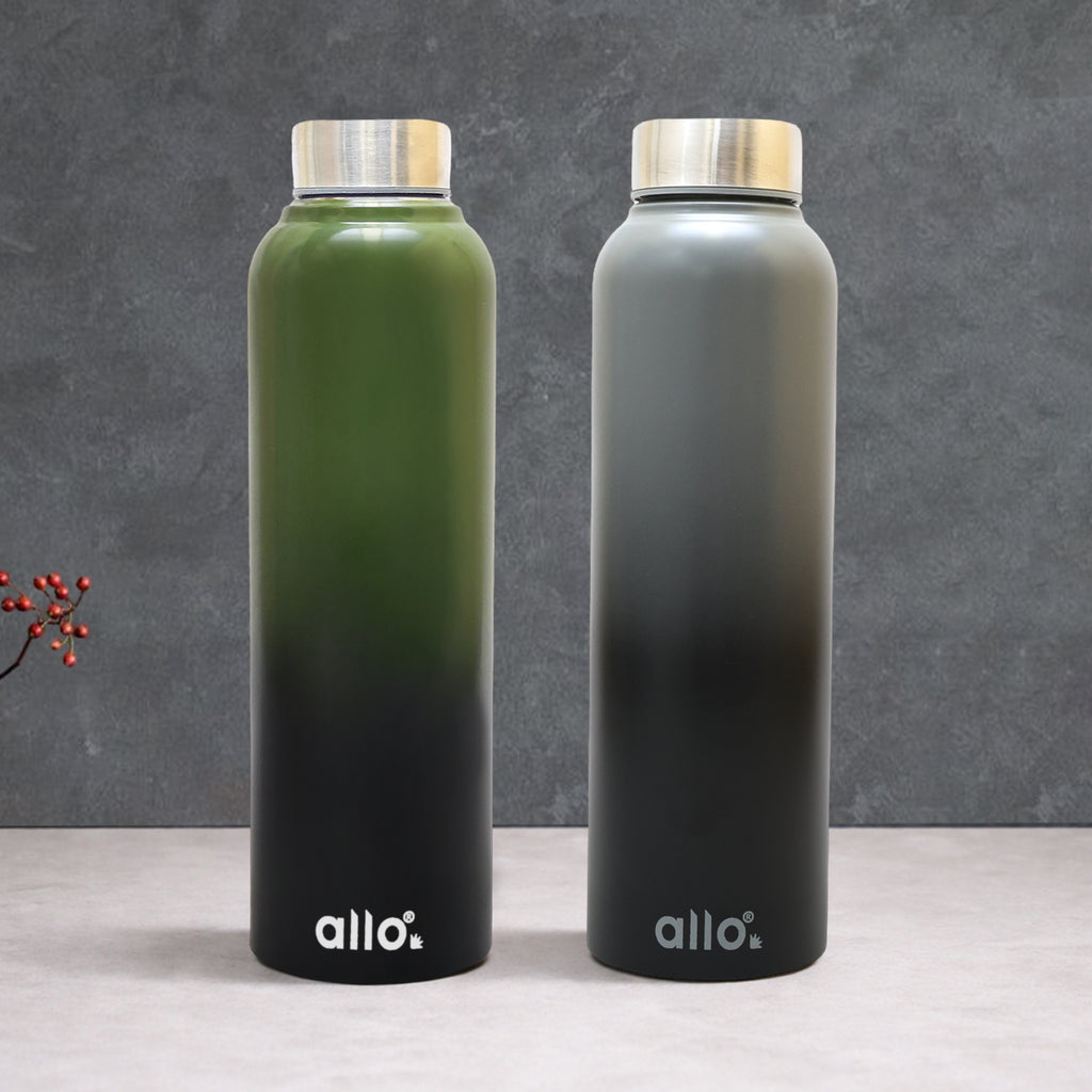 Allo Stainless Steel Water Bottle For Adults, Kids 1 Litre Water Bottles For School, Office, Sports, Gym 1L Water Bottle For Men And Women, Pack Of 2| Leak Proof, Bpa Free, Olive Green & Dark Grey