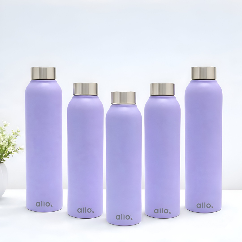 Allo Stainless Steel Water Bottle For Adults, Kids 1 Litre Water Bottles For School, Office, Sports, Gym 1L Water Bottle For Men And Women, Pack Of 5 | Leak Proof & Bpa Free, Lavender Steel Cap